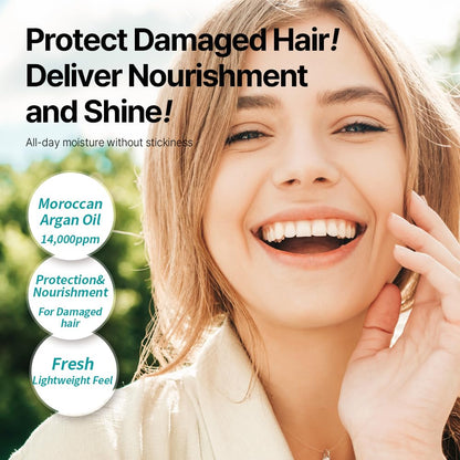 Lightweight argan oil treatment bottle for frizzy hair care.