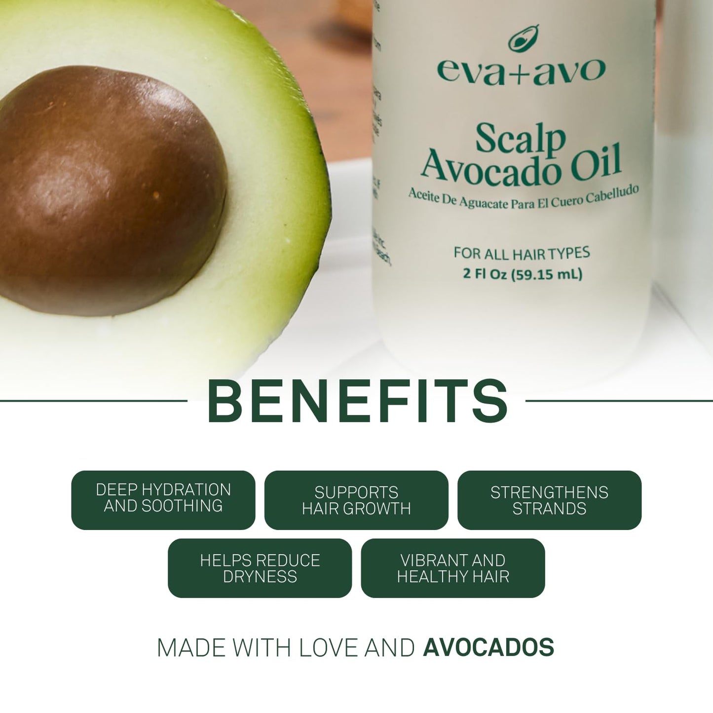 Eva + Avo 2 fluid ounce bottle showcasing the authentic USA imported hair treatment
