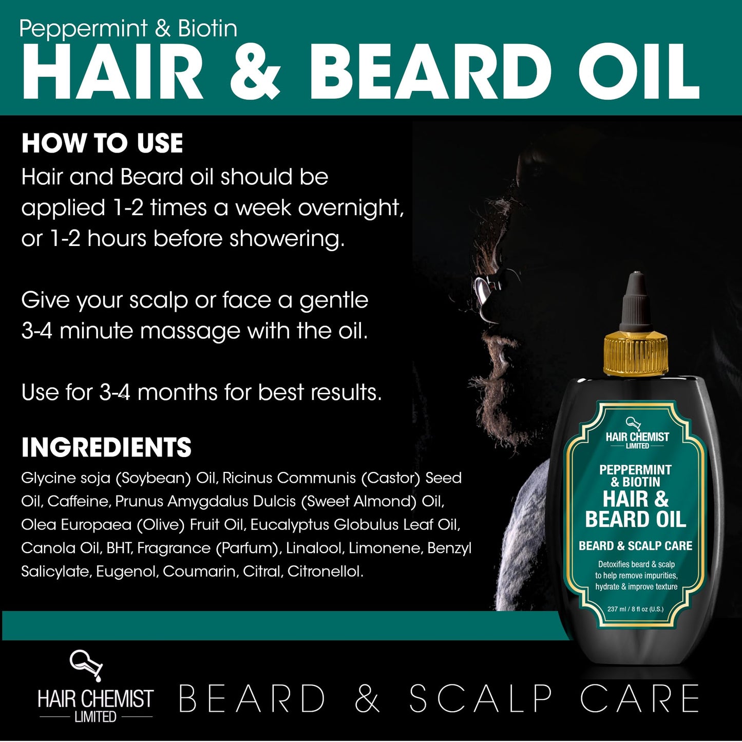 Premium dual action beard softener and scalp moisturizer package layout.