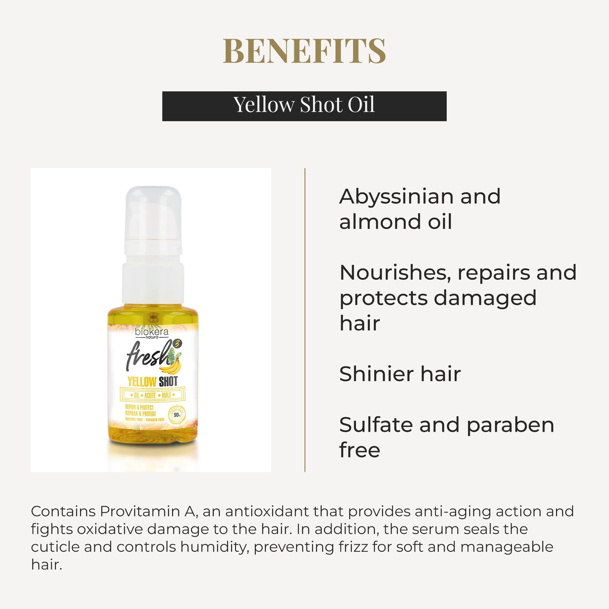 Biokera Fresh Yellow Shot vegan hair oil containing Abyssinian and almond ingredients