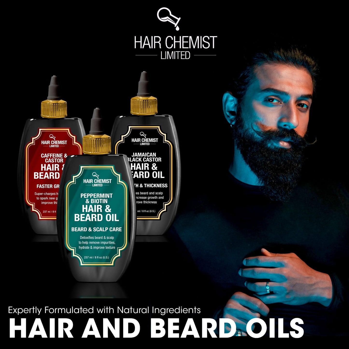 Hair Chemist professional strength beard growth and texturizing oil solution.