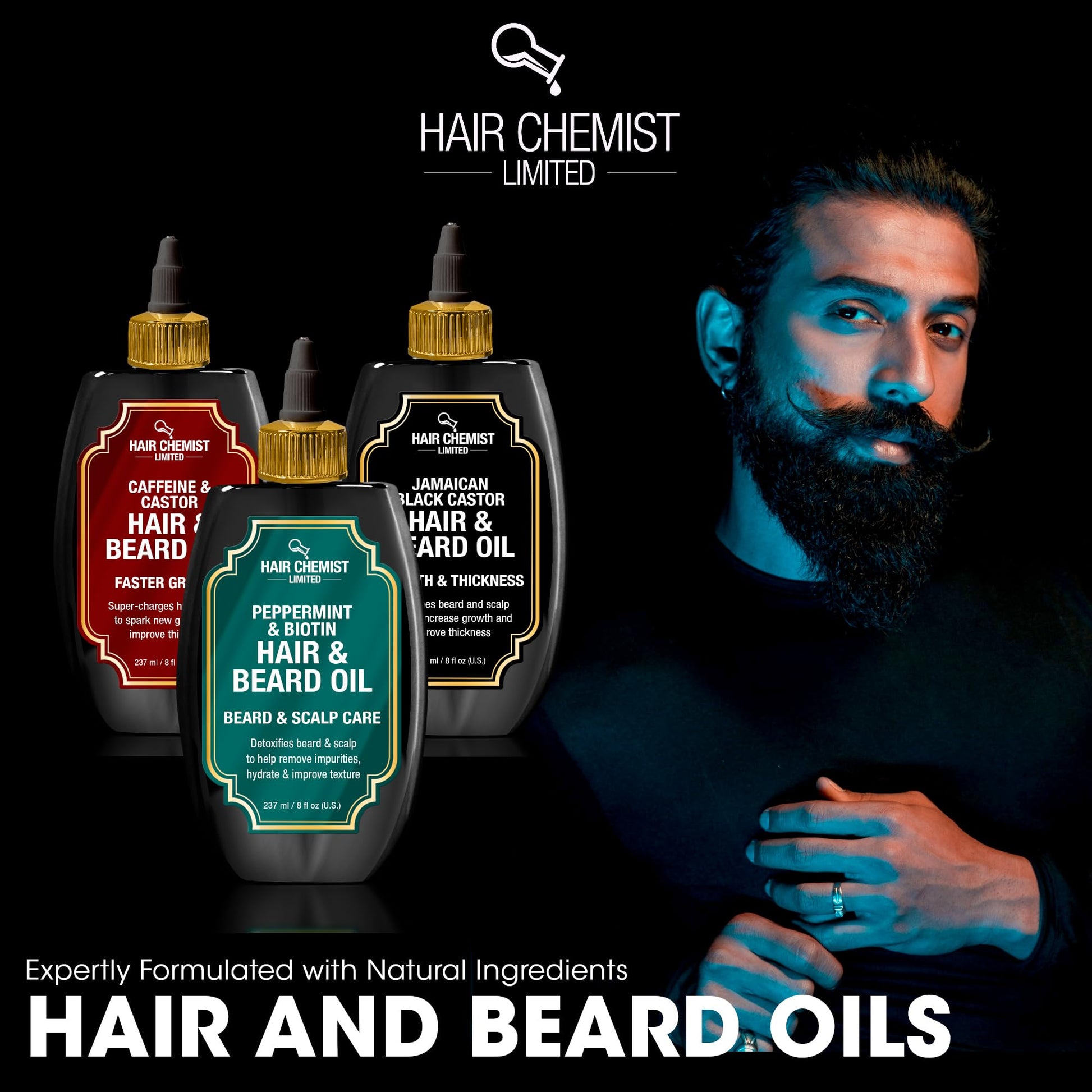 Hair Chemist professional strength beard growth and texturizing oil solution.