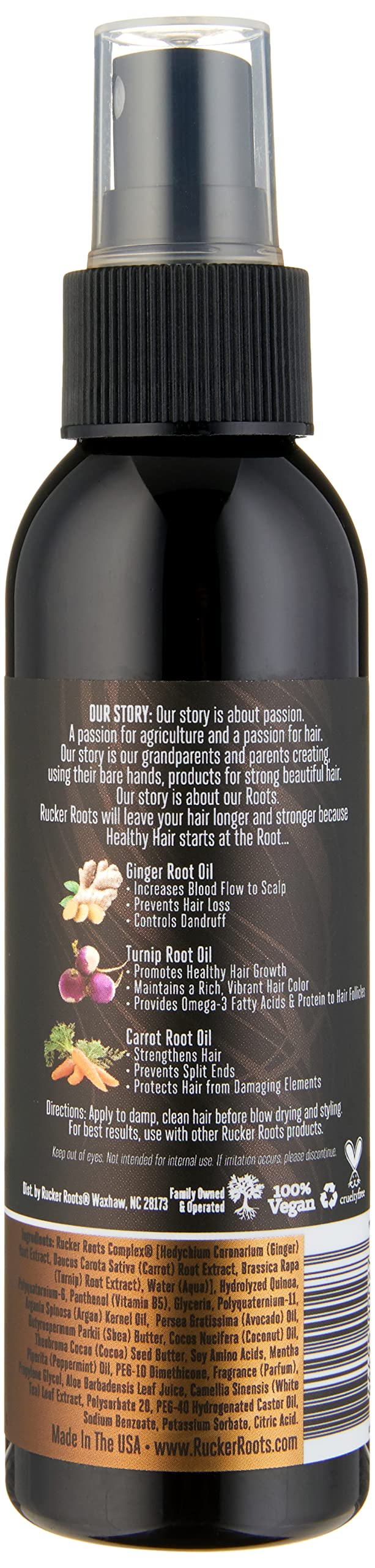 Rucker Roots lightweight water-based heat styling spray back label detailing the biotin and root oil complex formulation.