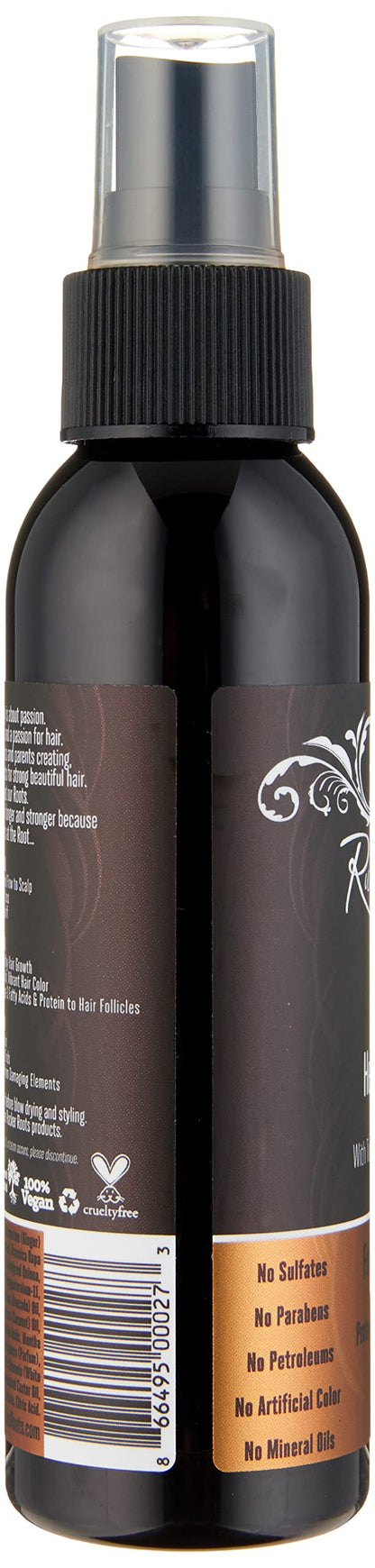 Rucker Roots sulfate-free thermal protection spray for all hair types displayed with natural ginger and carrot ingredients.