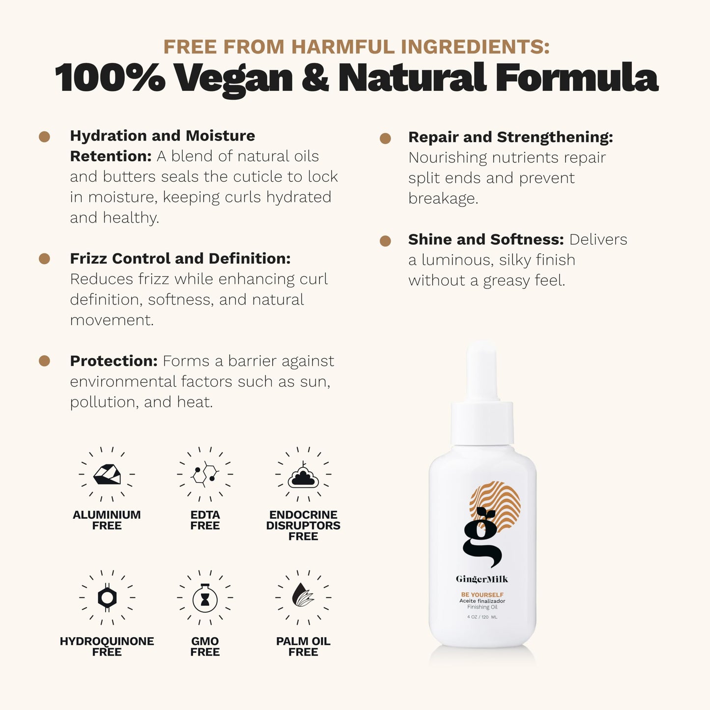 Ginger Milk natural care premium hair oil bottle showcasing the 4 Ounce size.