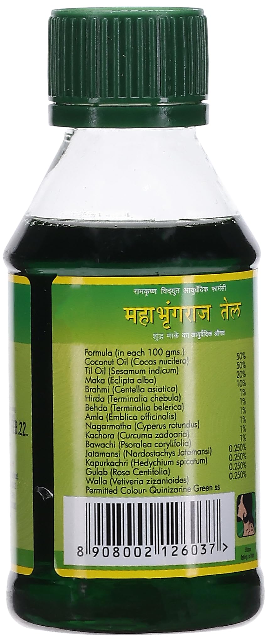 Back view of Ramakrishna Vidyut Mahabhringaraj Tel displaying clear Ayurvedic usage instructions.