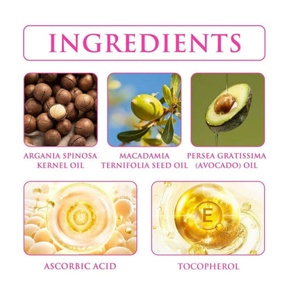 The premium ingredients layout including macadamia avocado and argan oils alongside the capsules.
