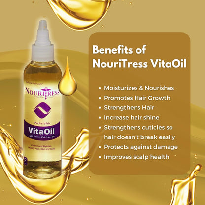 NouriTress botanical essential oils bottle showcasing nourishing hair growth formula