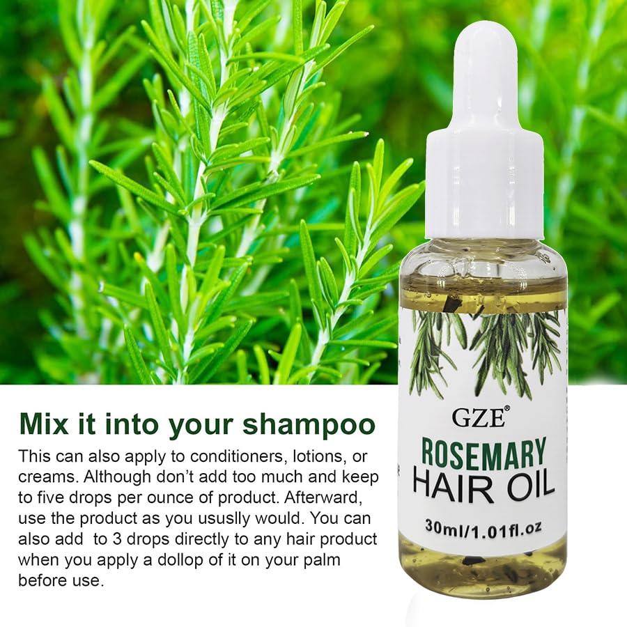 Close up of GZE rosemary oil dropper applying solution for thinning hair