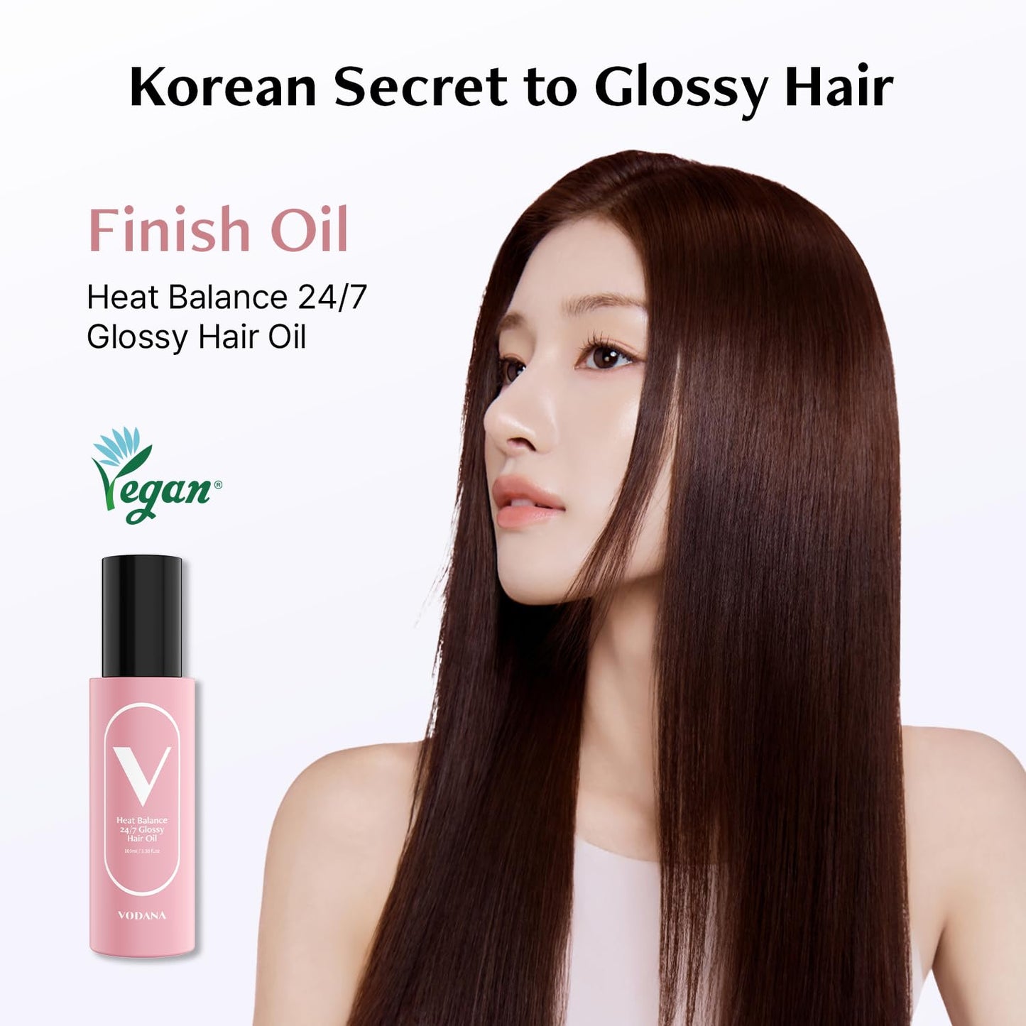 Vodana Korean beauty non sticky watery hair oil bottle on a minimalist background