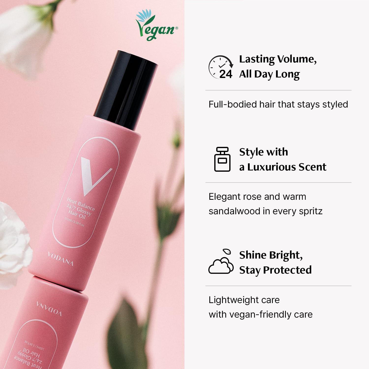 Vodana 24/7 hair oil application on smooth glossy hair strands for daily nourishment