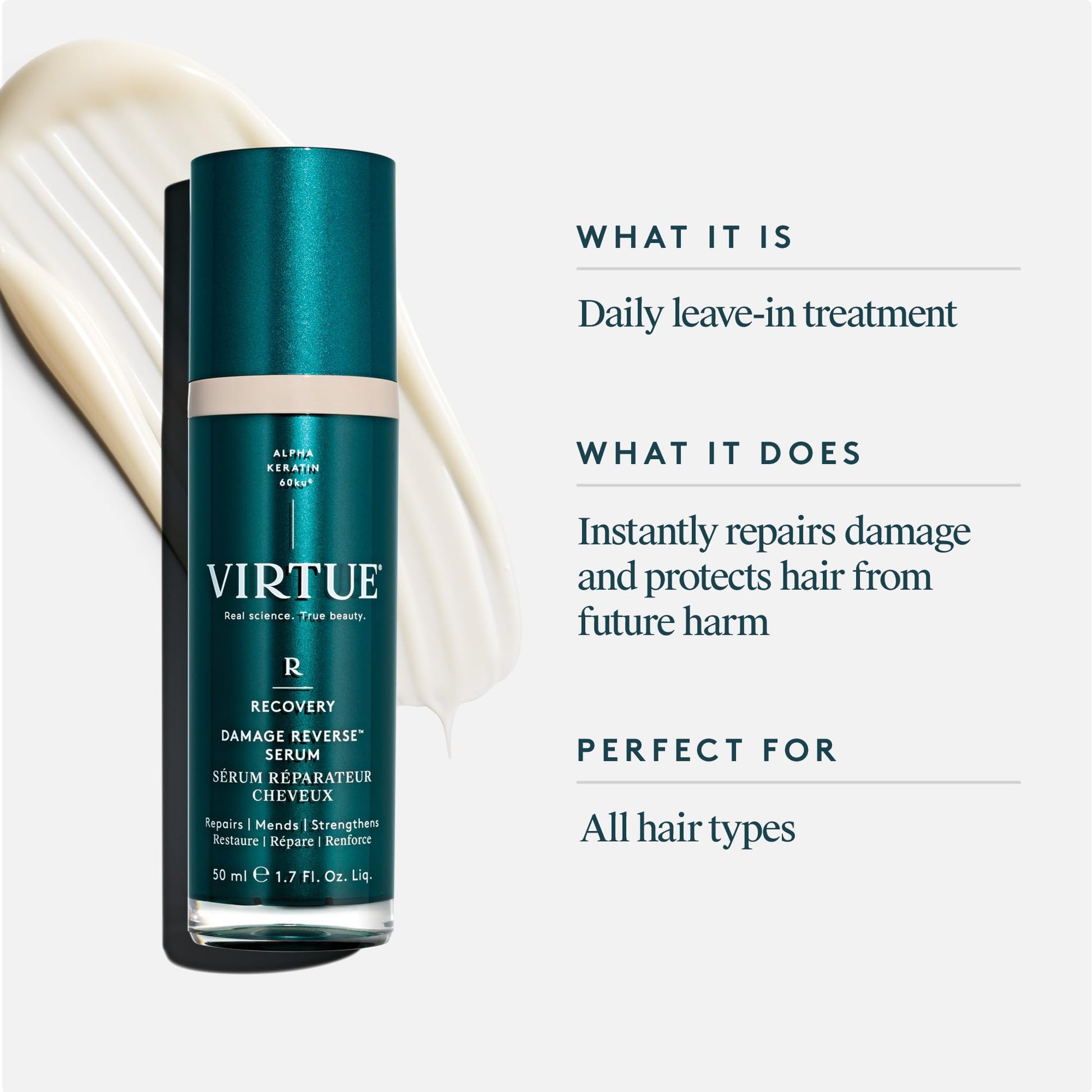 Virtue hair repair serum teal packaging with white text for split ends