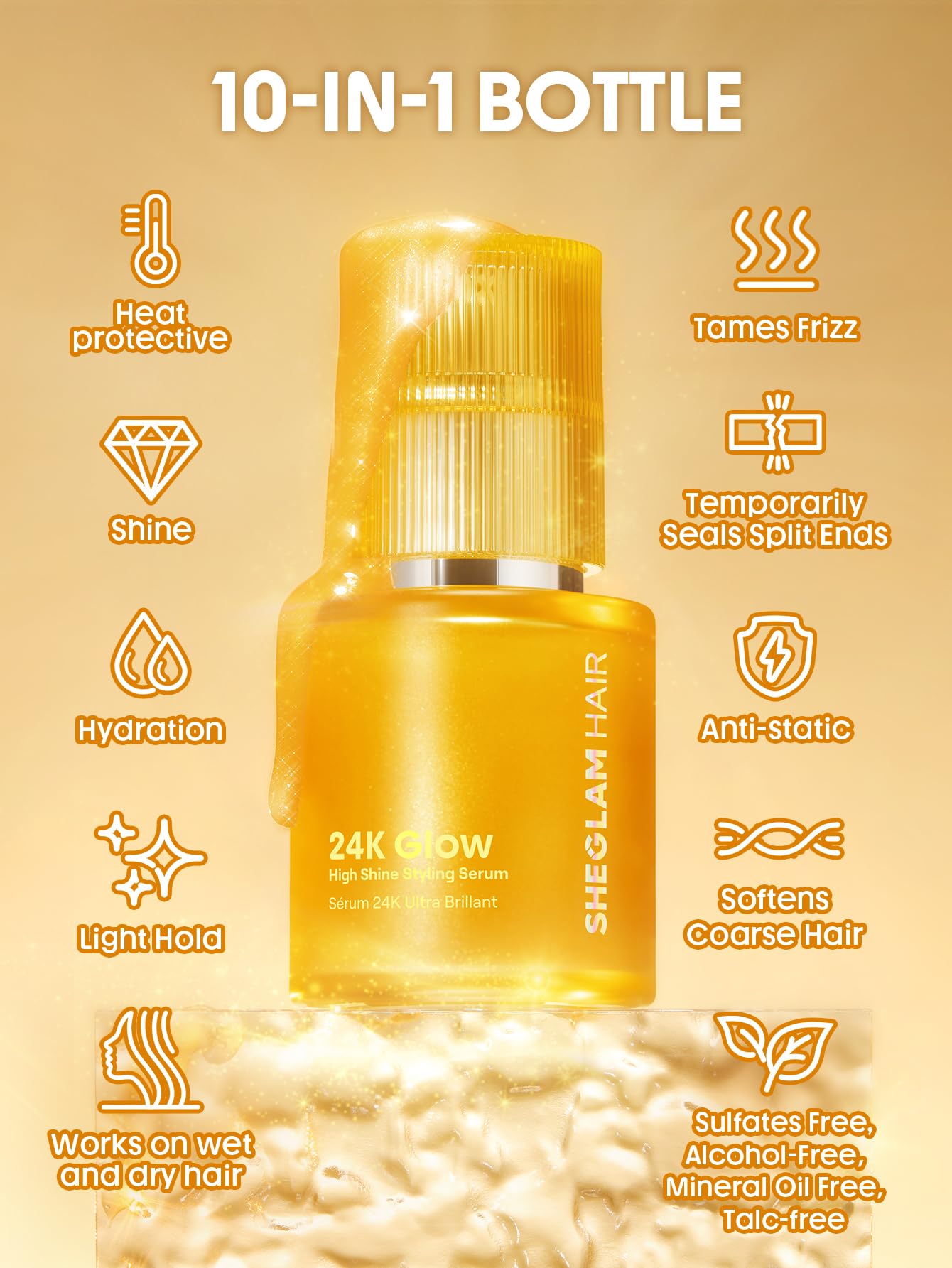SHEGLAM 10 in 1 styling serum packaging details displaying the almond and macadamia oil ingredients