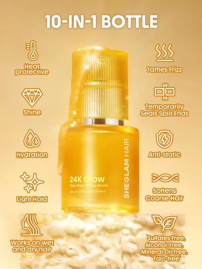 SHEGLAM 10 in 1 styling serum packaging details displaying the almond and macadamia oil ingredients