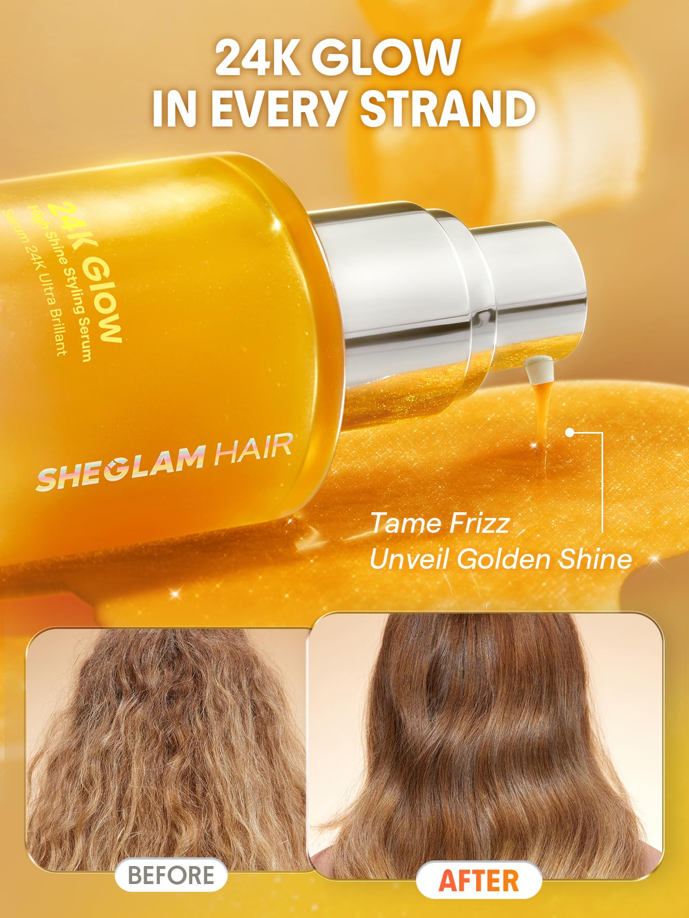 Close up look of the lightweight non greasy texture of the gold hair oil serum on a clear surface