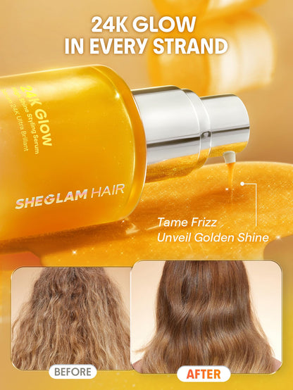 Close up look of the lightweight non greasy texture of the gold hair oil serum on a clear surface