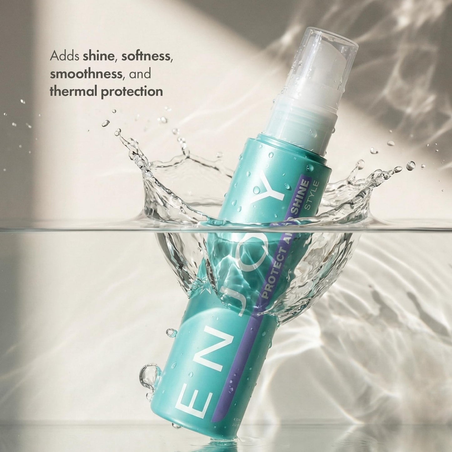 Enjoy Protect and Shine 3.4 Ounce anti frizz hair serum mist lifestyle setup