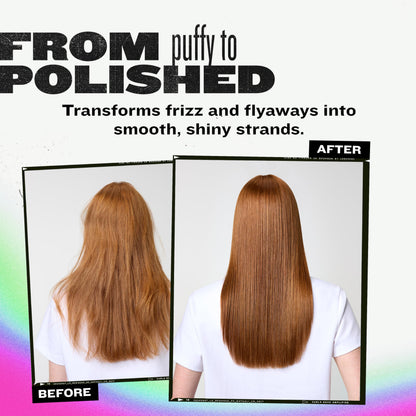 Humidity defying hair serum bottle with bright green cap