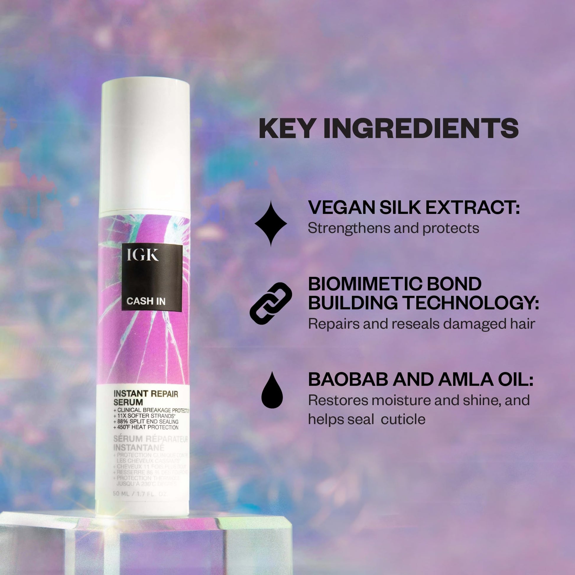 Lightweight vegan hair repair treatment bottle showing product benefits