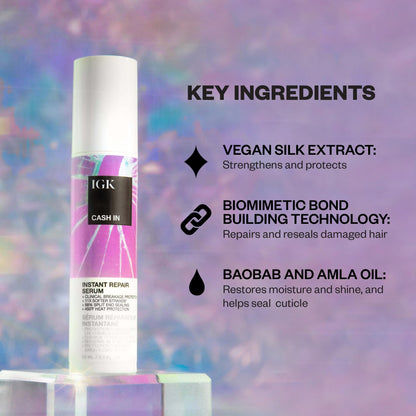 Lightweight vegan hair repair treatment bottle showing product benefits