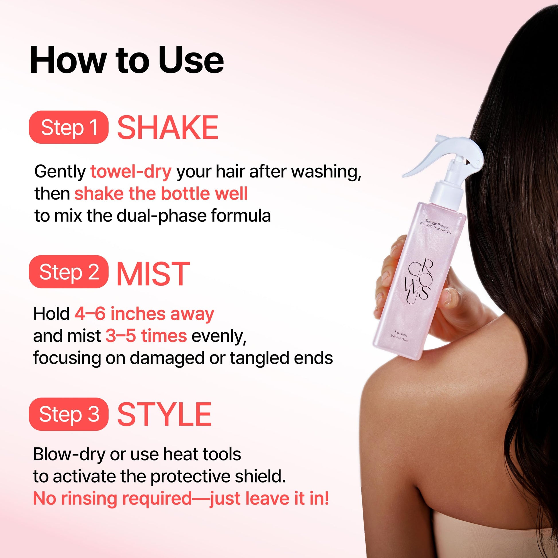 No rinse hair serum spray bottle with protective cap details