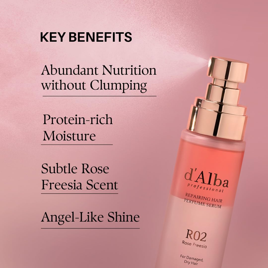 Vegan protein hair serum bottle by D'Alba highlighting the rose freesia fragrance text
