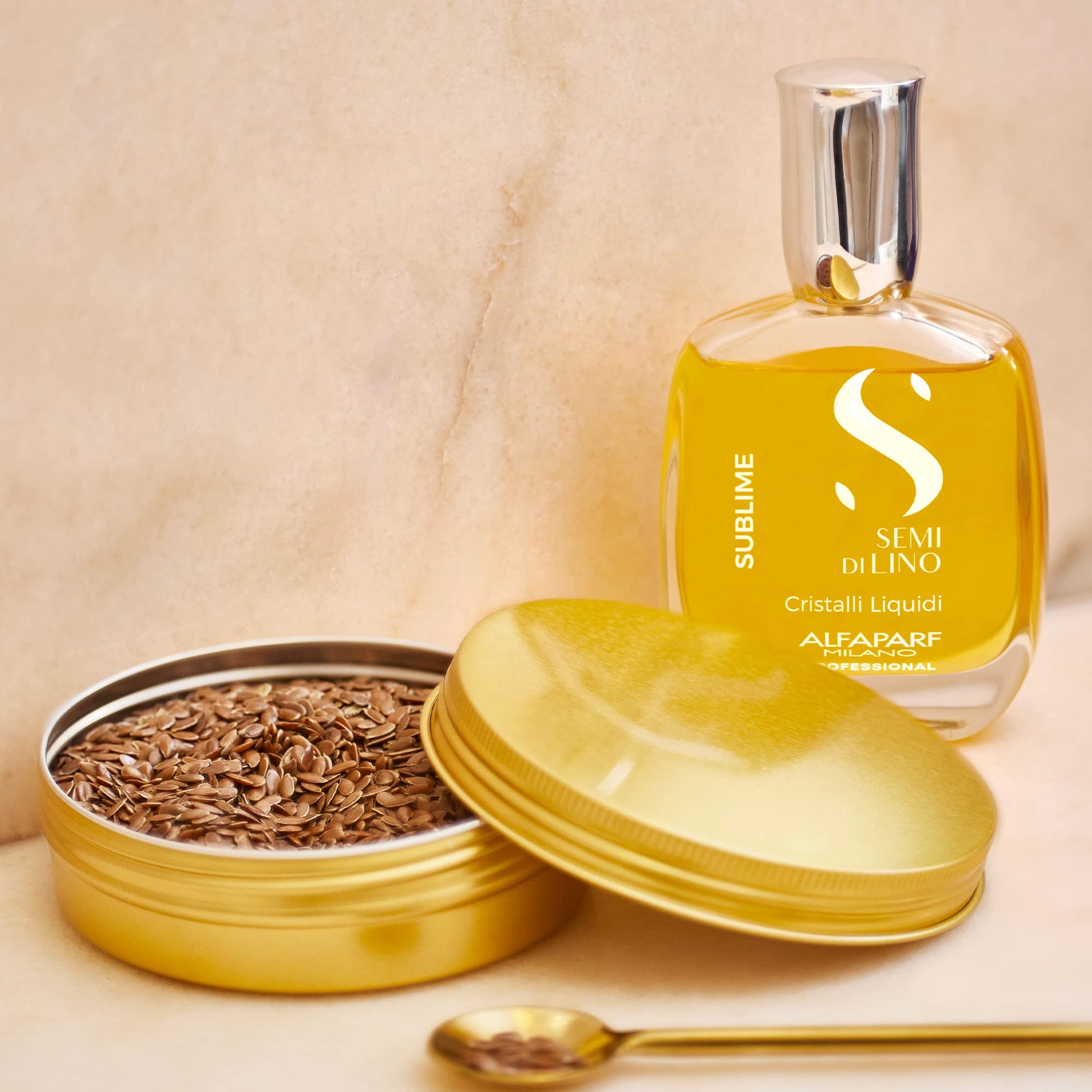 Side profile of the premium imported flaxseed oil hair treatment bottle.