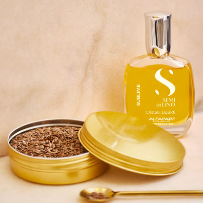 Side profile of the premium imported flaxseed oil hair treatment bottle.