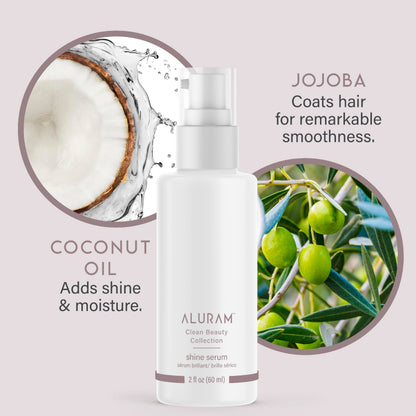 Authentic Aluram hair care serum packaging demonstrating humidity and heat protection benefits