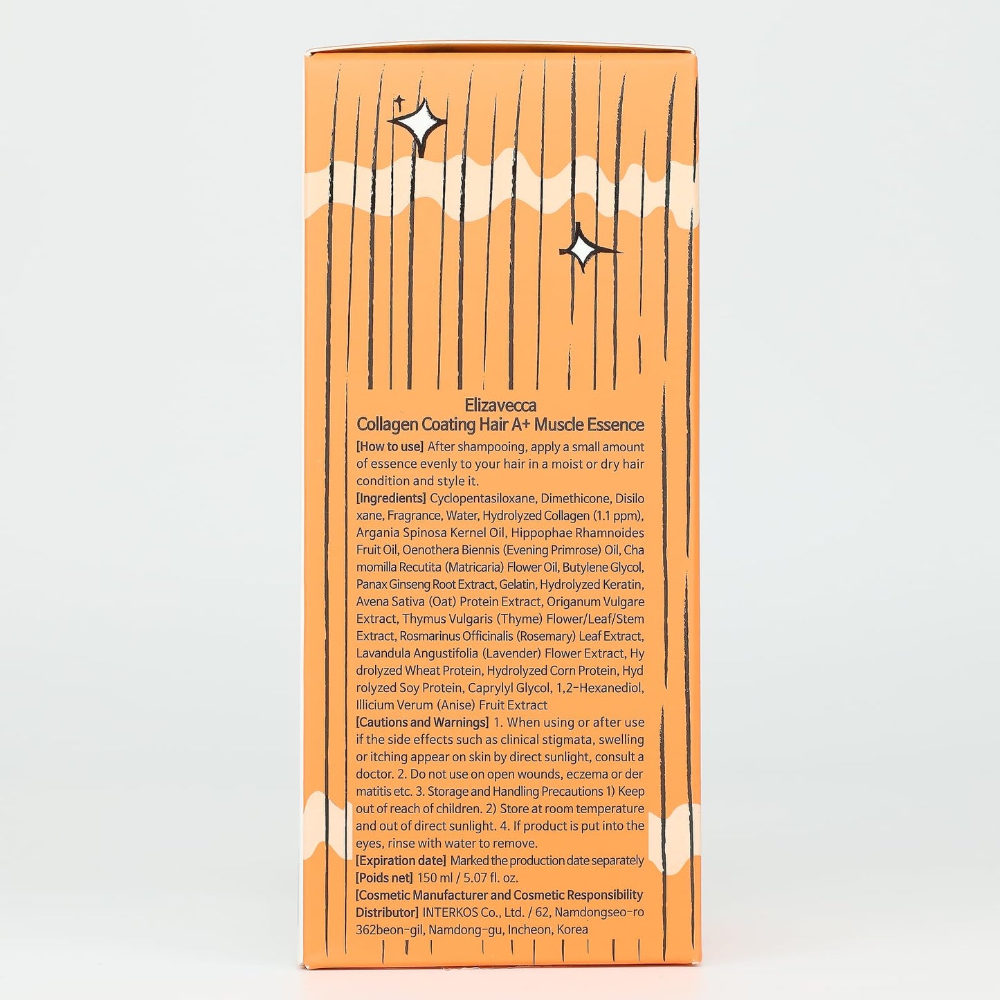 Back packaging label of the Elizavecca CER-100 collagen coating hair essence with ingredient list and usage instructions.