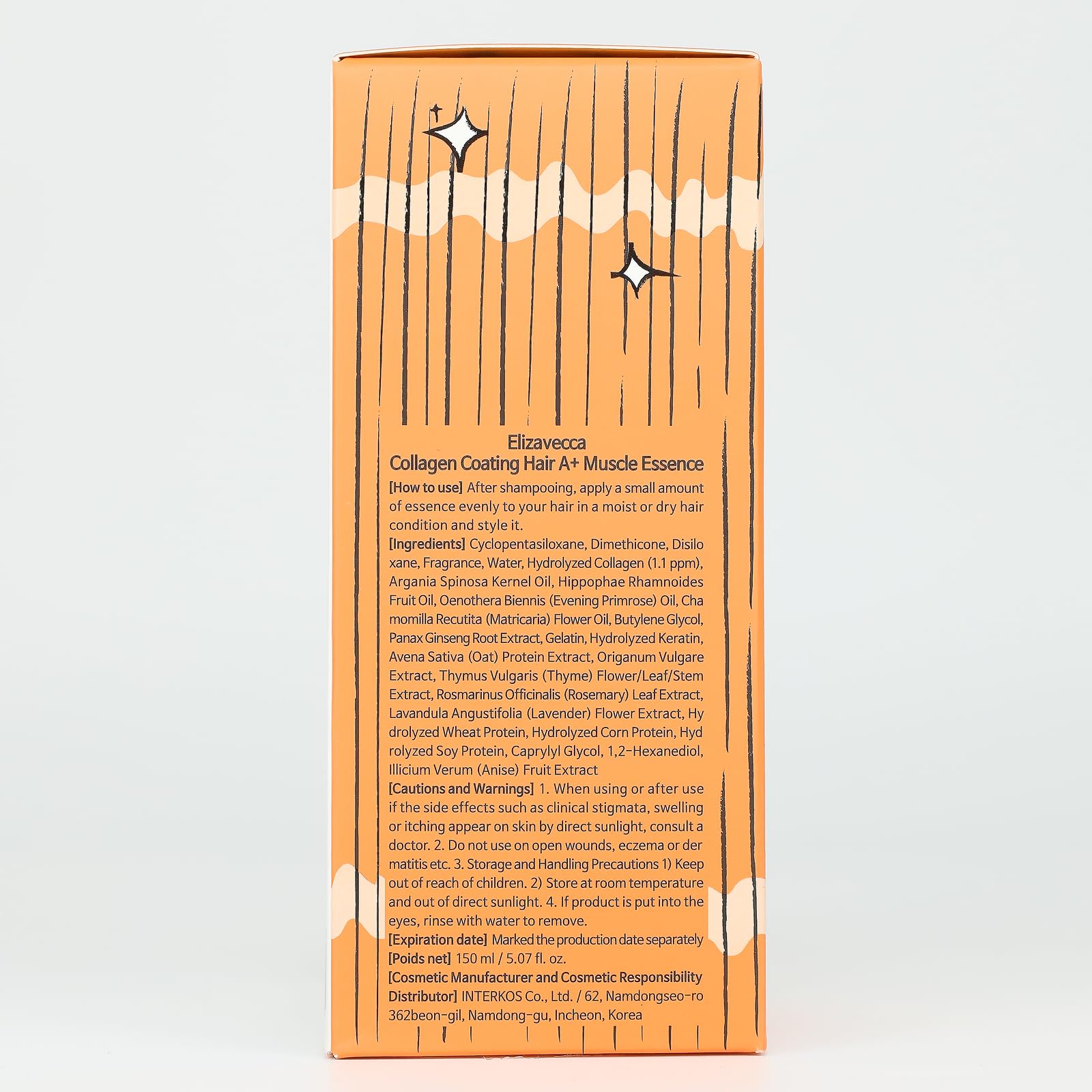 Back packaging label of the Elizavecca CER-100 collagen coating hair essence with ingredient list and usage instructions.