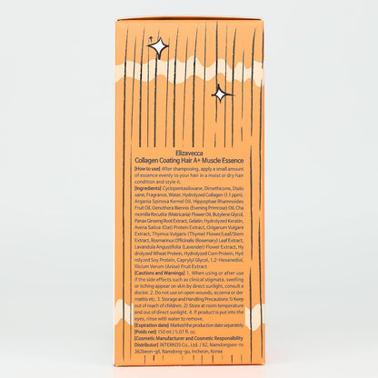 Back packaging label of the Elizavecca CER-100 collagen coating hair essence with ingredient list and usage instructions.