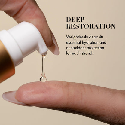 Lightweight non greasy hair smoothing treatment bottle on white background