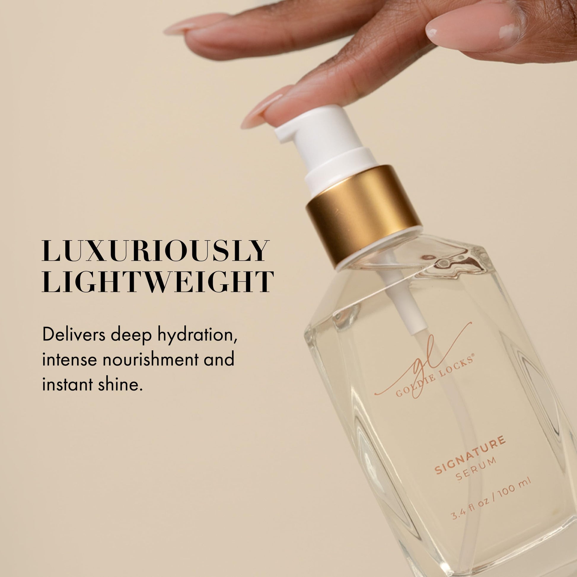 Goldie Locks signature hair serum pump dispensing transparent weightless oil texture