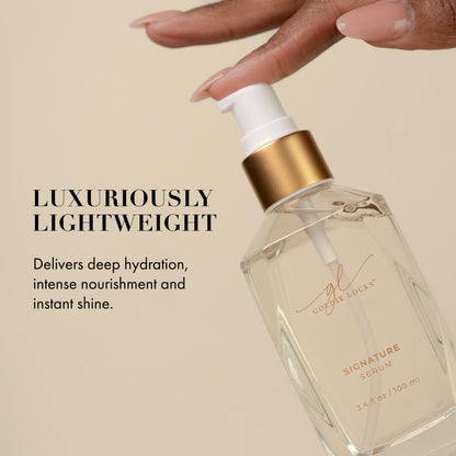Goldie Locks signature hair serum pump dispensing transparent weightless oil texture