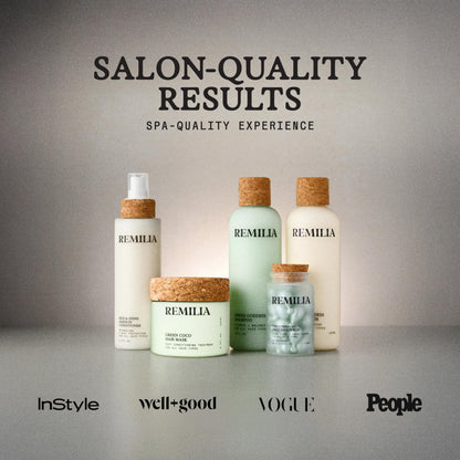 Remilia Hair Cosmocap Keratin Hair Treatment bottle highlighting its anti-frizz benefits.