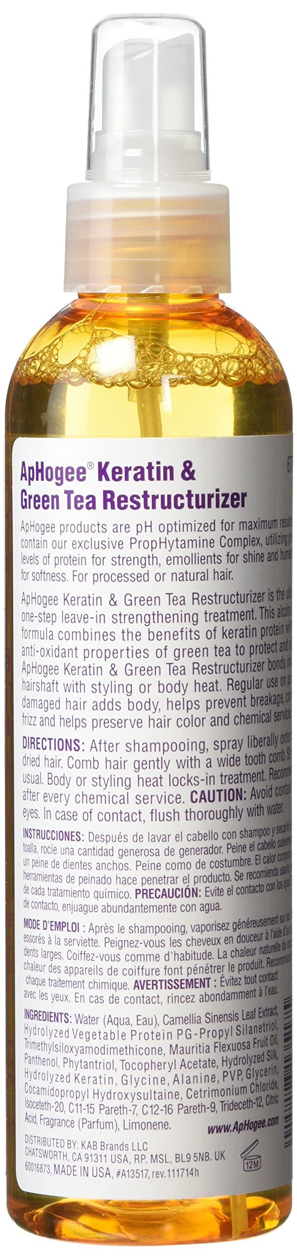 Leave in protein hair spray containing green tea extract and hydrolyzed silk for damaged hair.