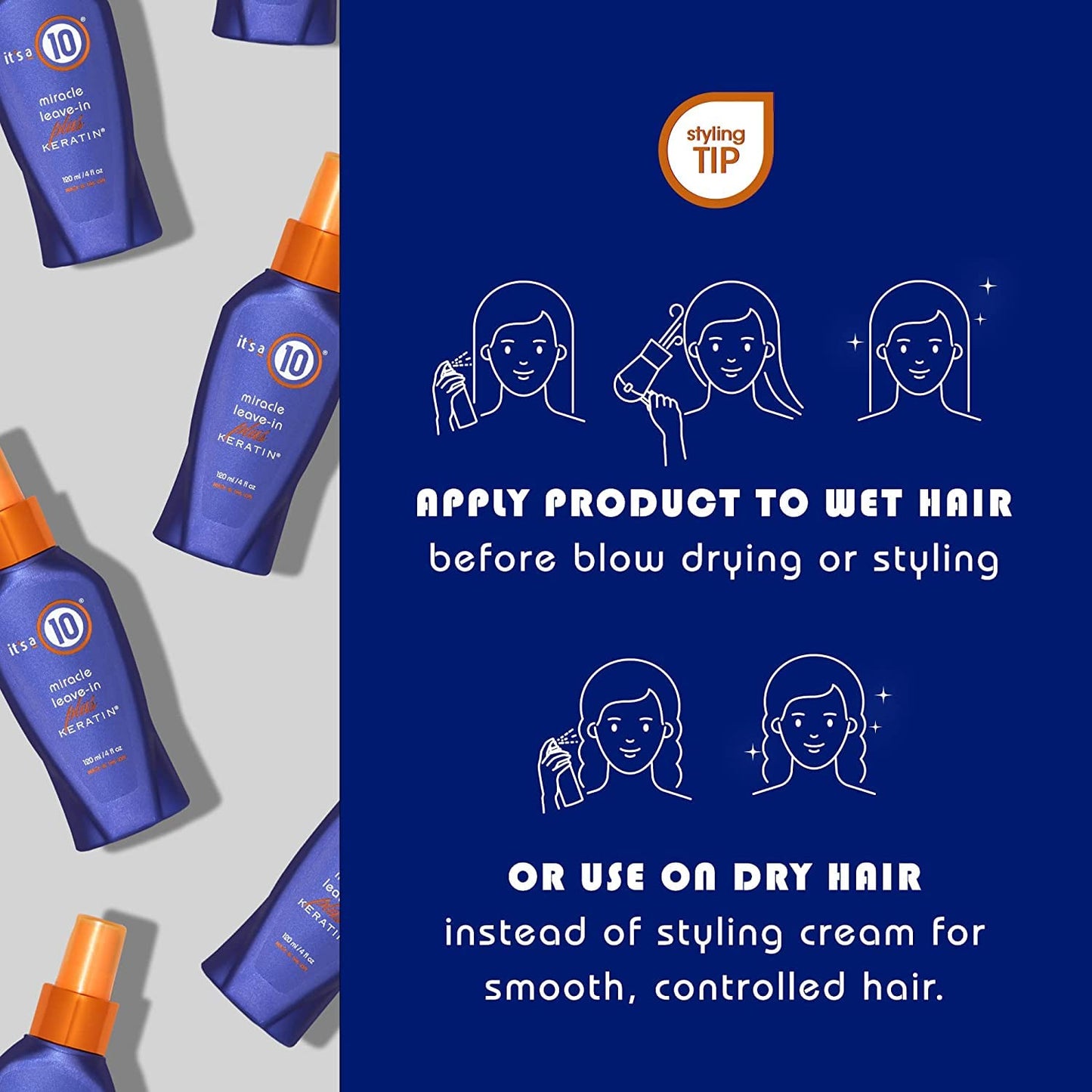 Authentic USA imported It's a 10 Miracle Leave-In Plus Keratin treatment spray for damaged hair.