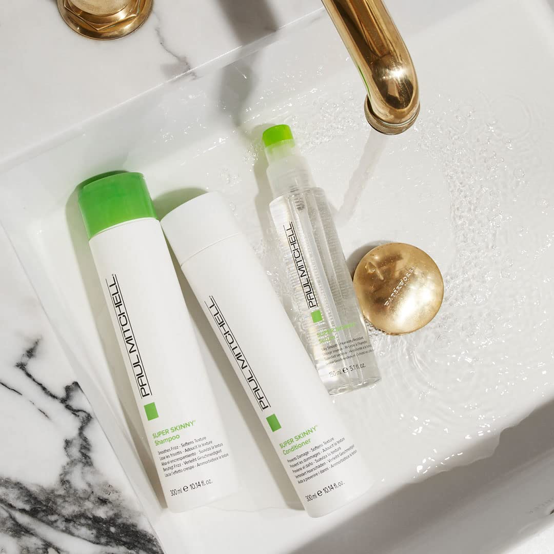 Paul Mitchell hair serum bottle standing upright showing the clear container and vibrant liquid contents