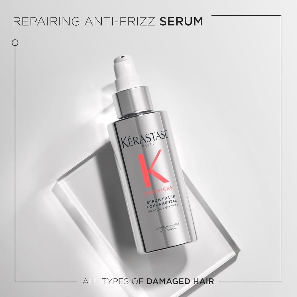 Kérastase Première Sérum Filler Fondamental leave-in treatment bottle showing product benefits and sizing details.