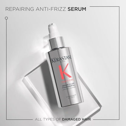 Kérastase Première Sérum Filler Fondamental leave-in treatment bottle showing product benefits and sizing details.