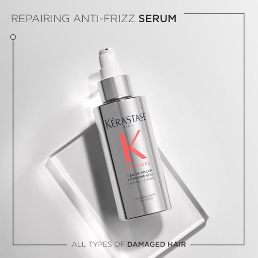 Kérastase Première Sérum Filler Fondamental leave-in treatment bottle showing product benefits and sizing details.
