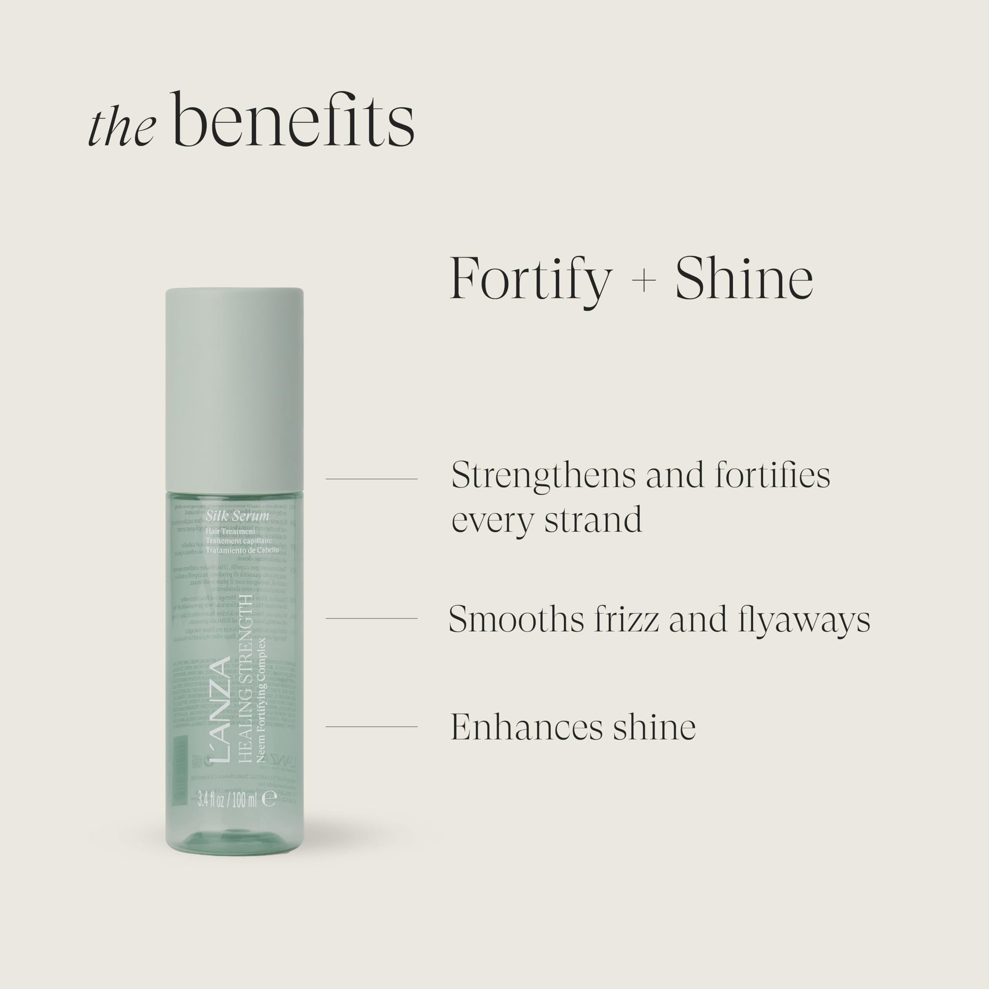 L'ANZA professional hair serum packaging displaying ingredients and heat protection benefits.