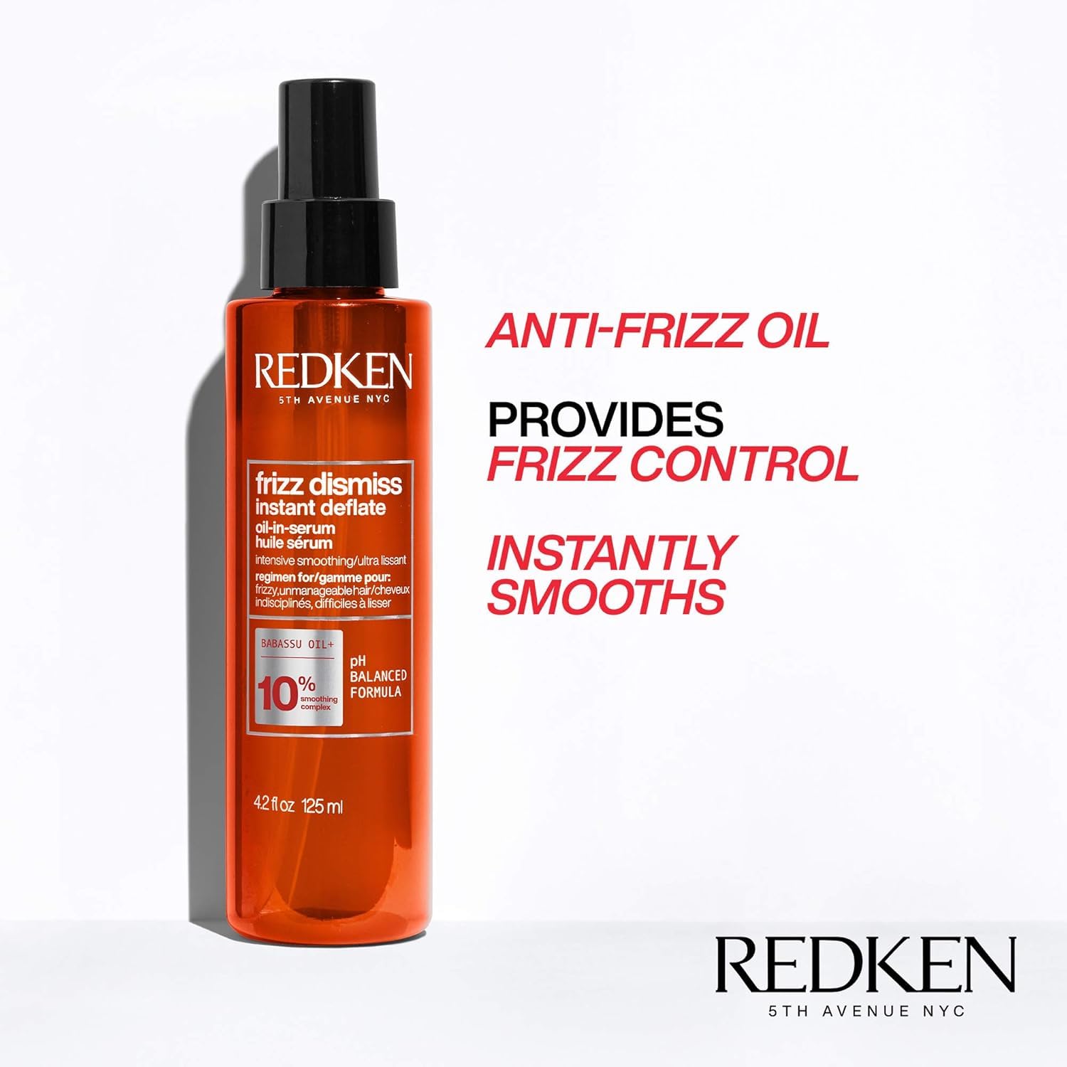 Back label of Redken Frizz Dismiss hair serum displaying directions for use and heat protection benefits