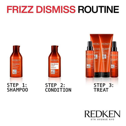 Redken Frizz Dismiss anti frizz serum bottle showcasing the ten percent smoothing complex texture