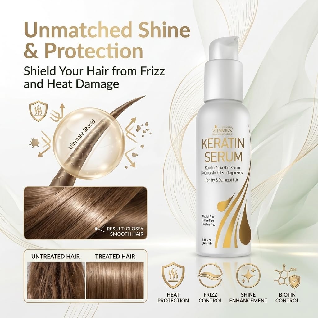 Vitamins Hair Cosmetics Keratin Serum packaging displaying biotin and castor oil ingredients