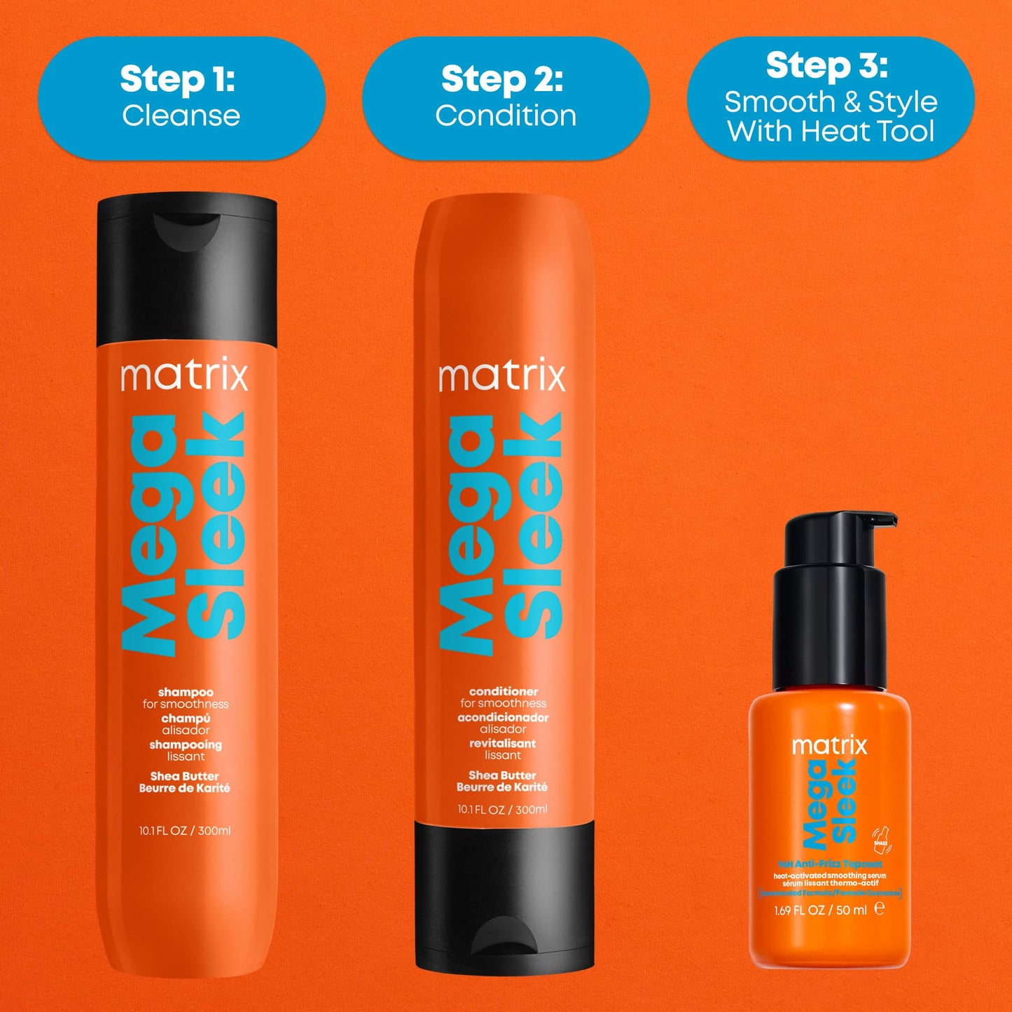 Matrix Mega Sleek 1.69 ounce anti frizz hair care formula displayed from an angled perspective.
