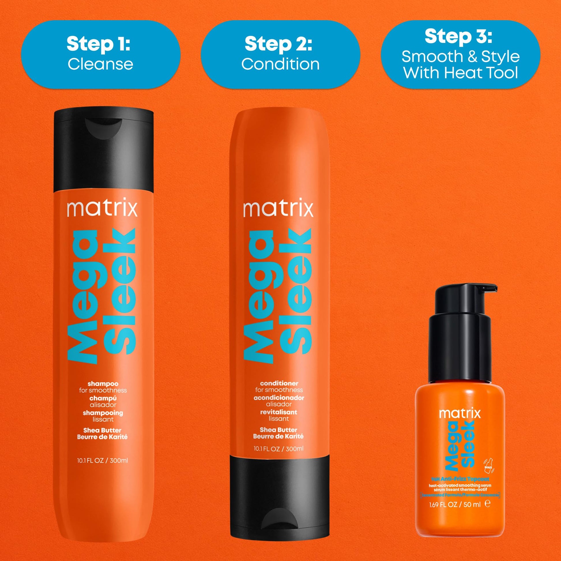 Matrix Mega Sleek 1.69 ounce anti frizz hair care formula displayed from an angled perspective.