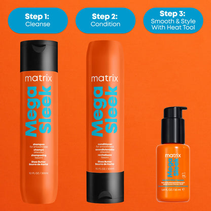 Matrix Mega Sleek 1.69 ounce anti frizz hair care formula displayed from an angled perspective.