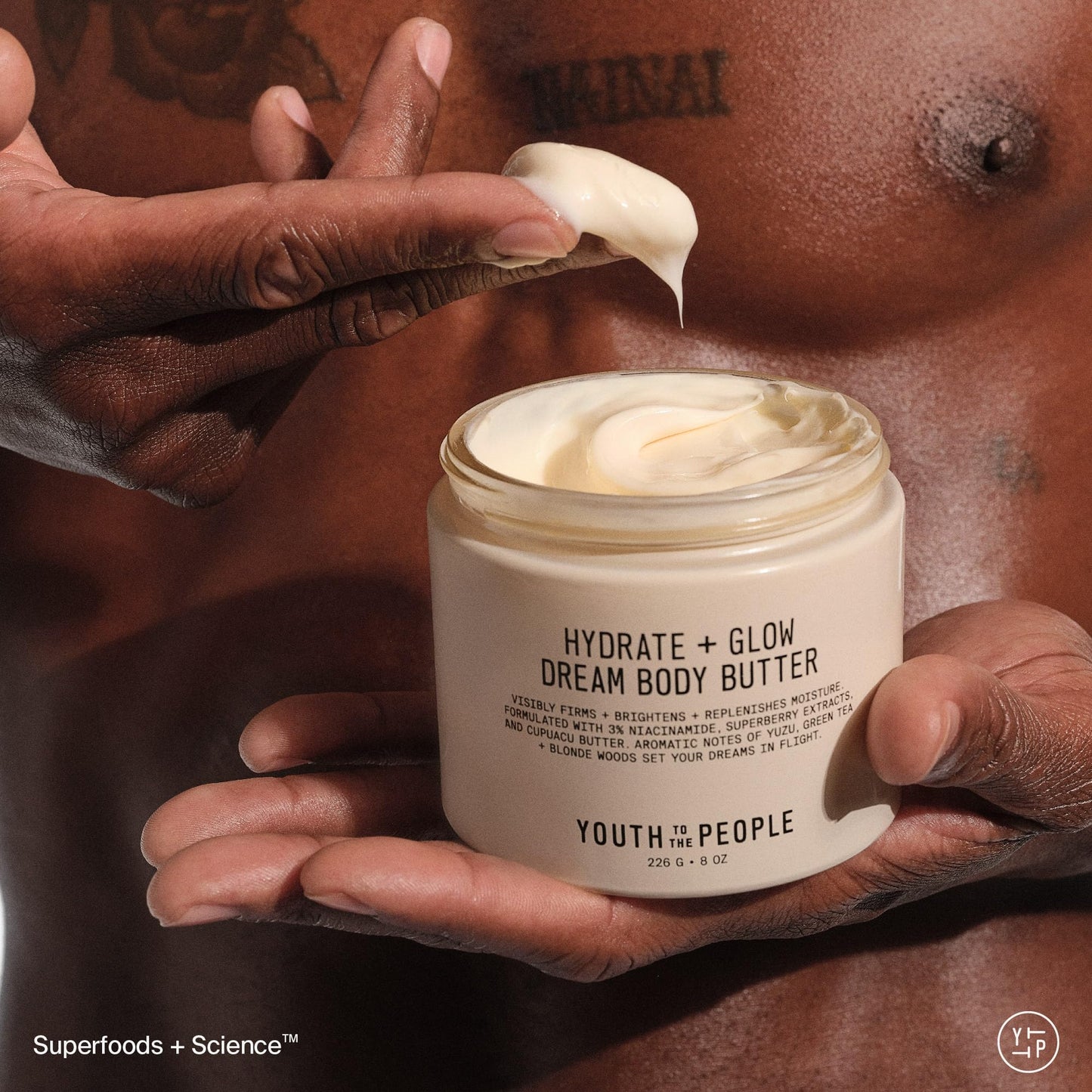 Youth To The People body butter jar with 3% niacinamide label